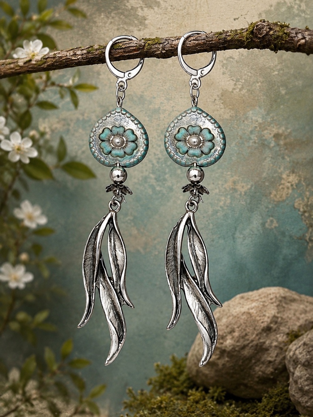 Czech Glass Floral Earrings, Antique Silver Leaf Dangle, Boho Statement MTO